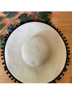 J. By J. Crew Large Brim Straw Hat With Pom Poms